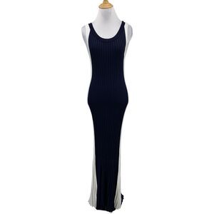 Zara Dress Womens M Medium Navy Blue White Two Tone Accordion Knit Bodycon Maxi